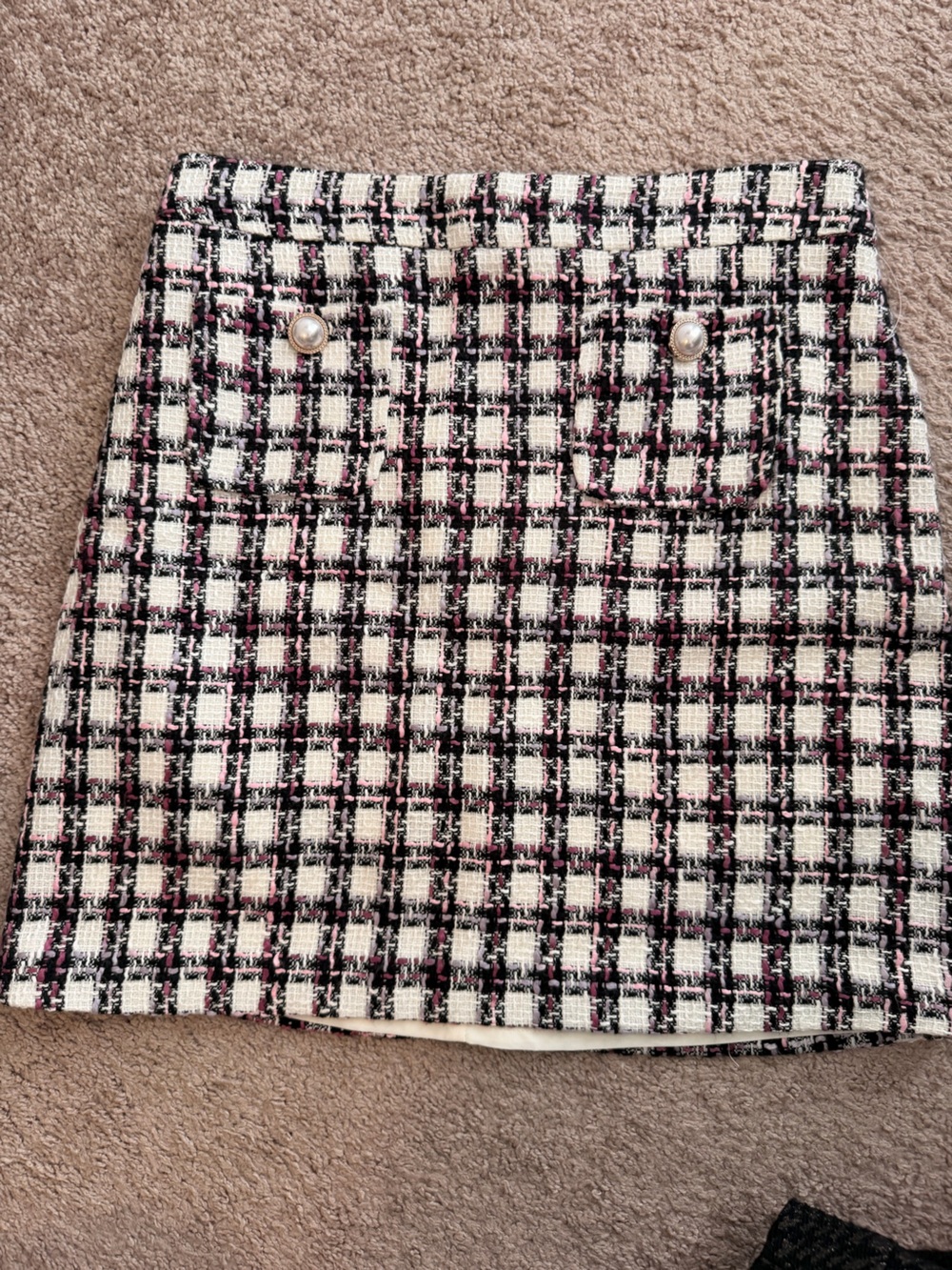 Maison D’Amelie Plaid Tweed Mini Skirt in Black, White & Pink, Size 6